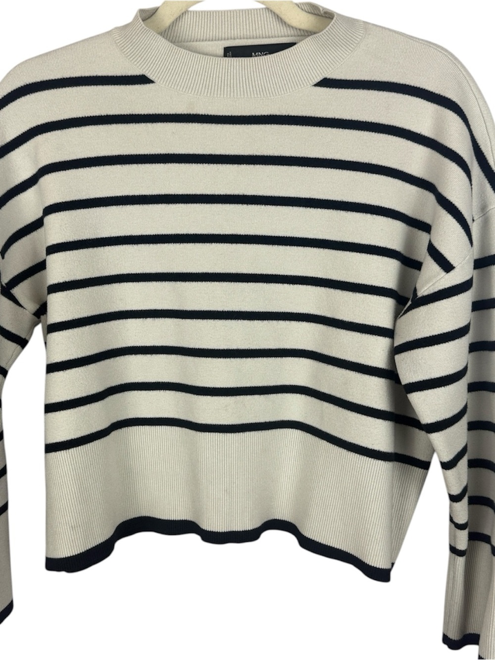 MANGO MNG Striped Knit Crop Sweater Cream Black Medium